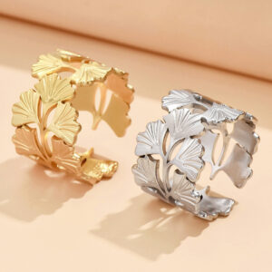 Women’s High-Grade Metal Ginkgo Leaf Open Ring - Elegant Stainless Steel Jewelry